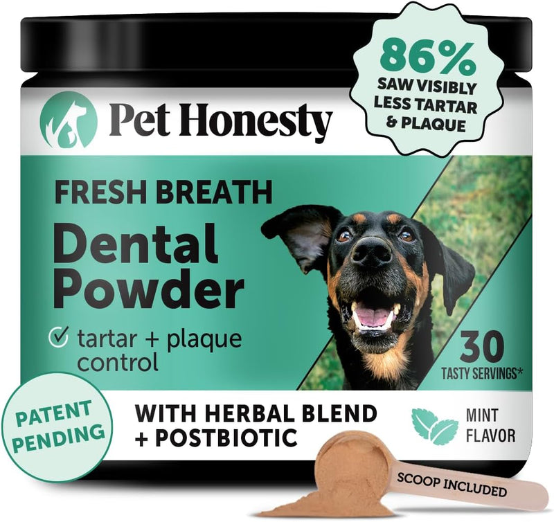 Pet Honesty Dog Breath Freshener Dental Powder for Teeth Cleaning Plaque Off, Dental Care for Dogs, Tartar Remover for Teeth with Natural Herbal Blend + Postbiotics (Mint - 30 Servings)