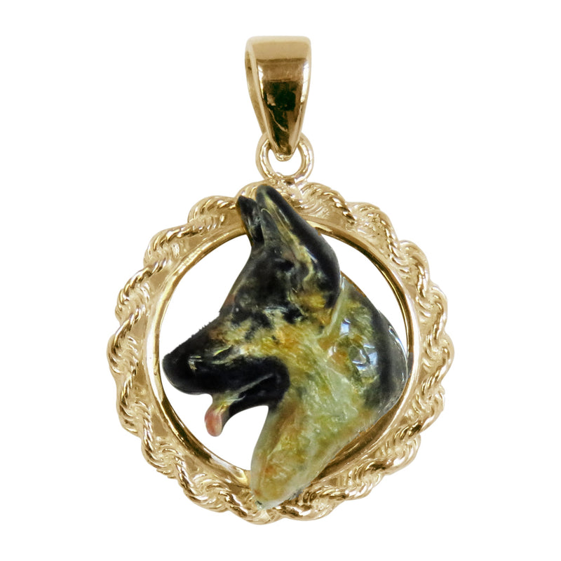 German Shepherd Dog Custom Enamel in 14K Gold Classic Rope Pendant
