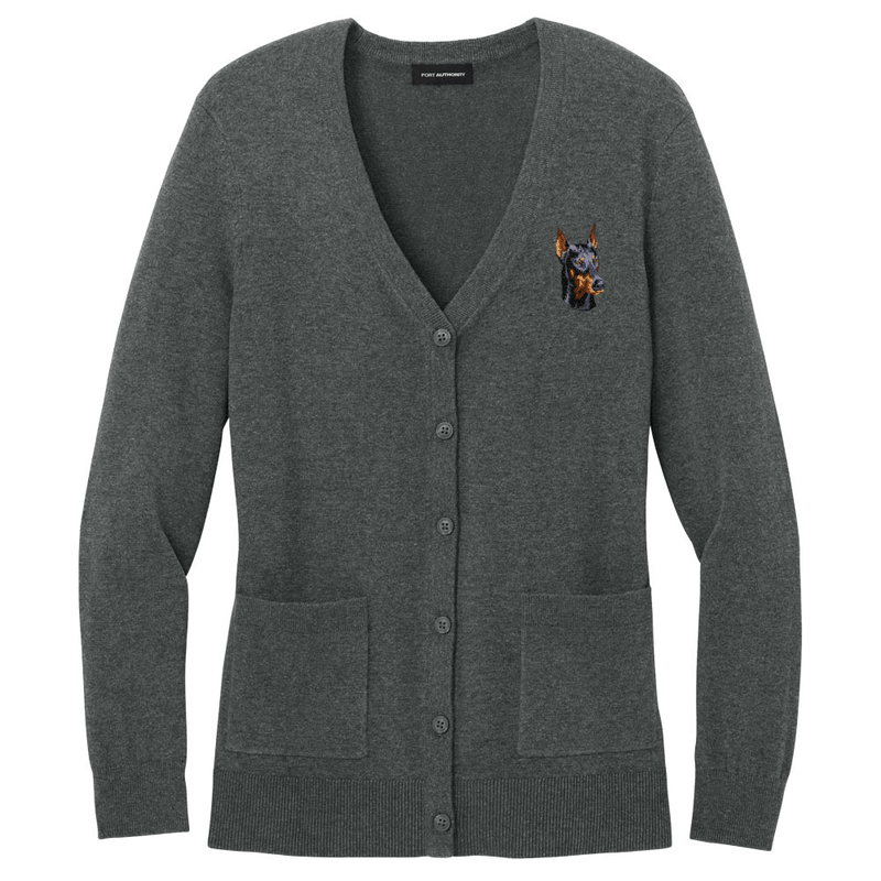 Doberman Pinscher Embroidered Button-Up Cardigan Sweater