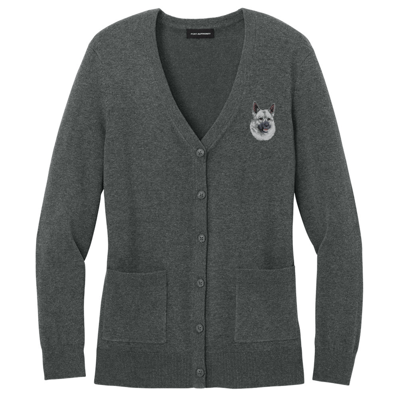 Norwegian Elkhound Embroidered Button-Up Cardigan Sweater