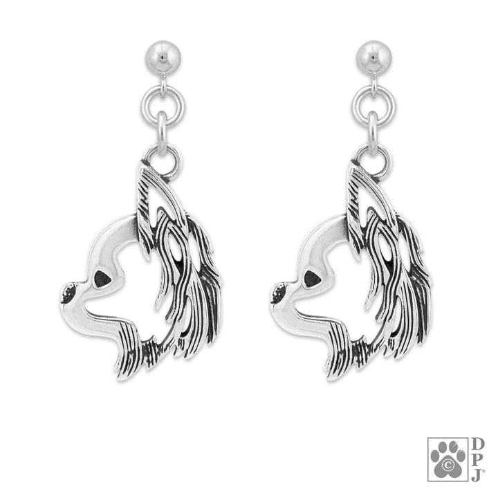 Chihuahua  Long Haired Sterling Silver Earrings, Head