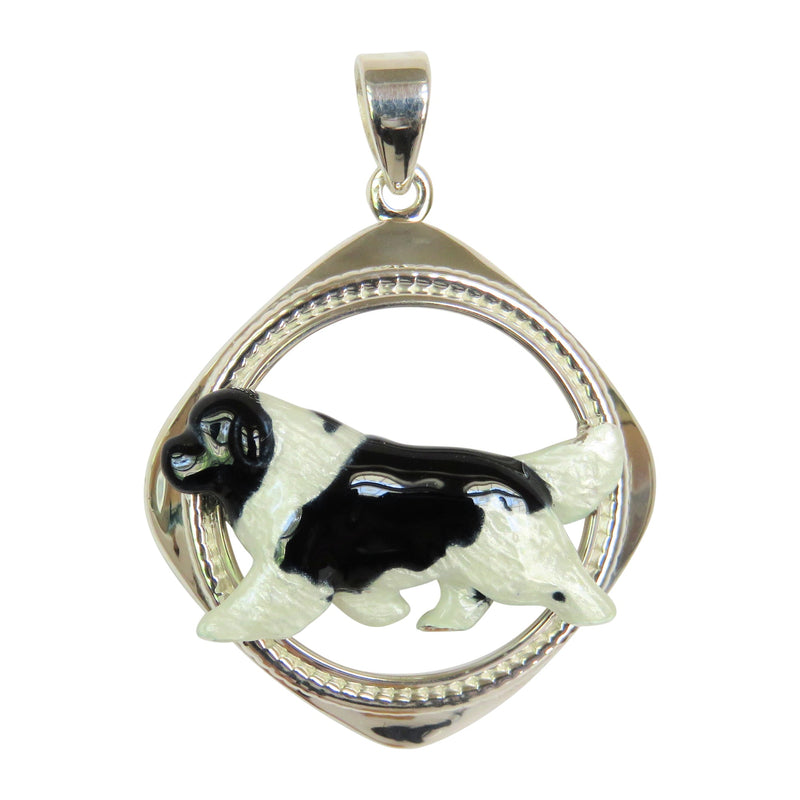 Custom Enamel Newfoundland in Sterling Silver Diamond Shape Frame Pendant