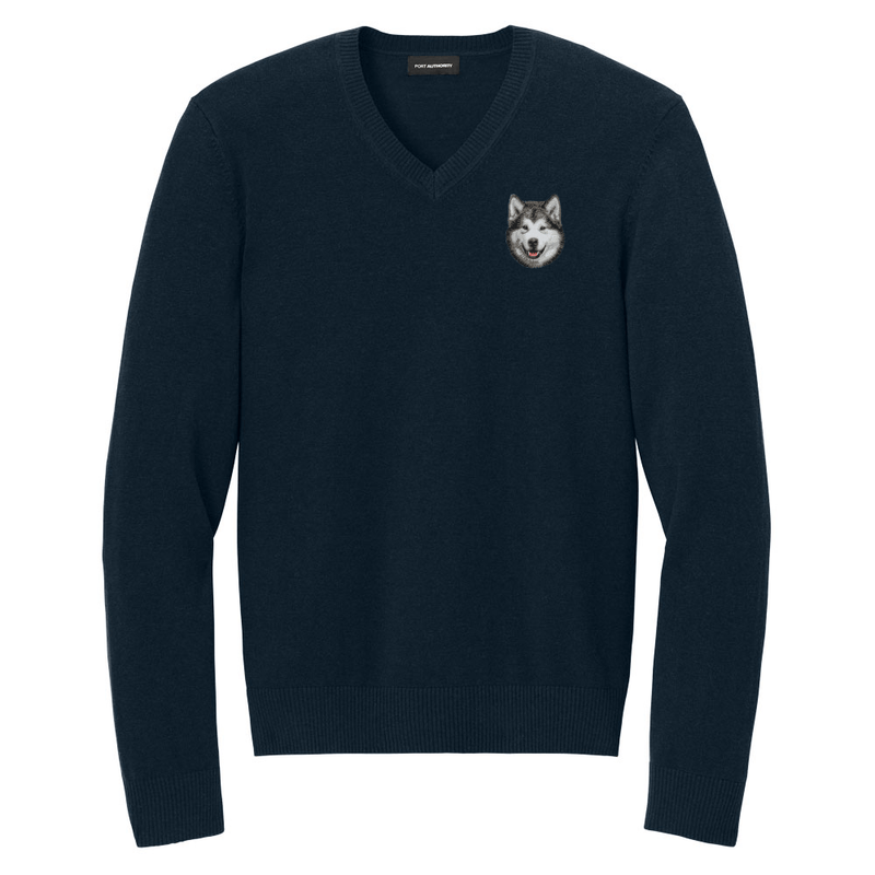 Alaskan Malamute Embroidered V-Neck Sweater