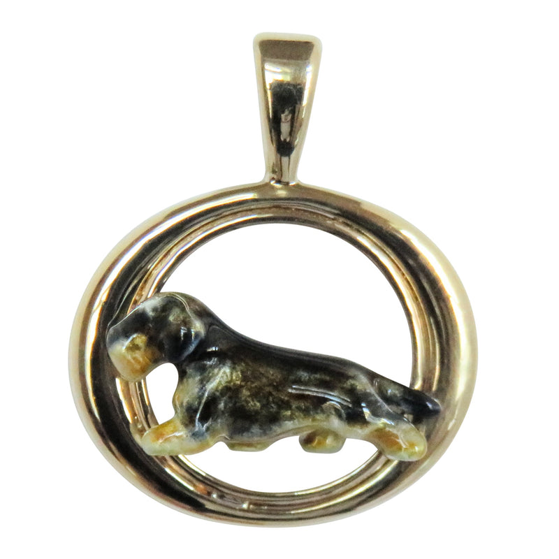 Wirehaired Dachshund Custom Enamel in 14K Gold Tapered Oval Pendant