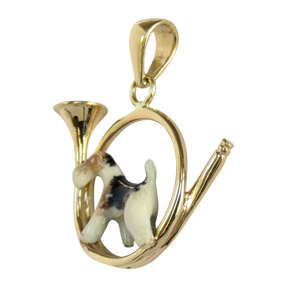 Custom Enamel Wire Fox Terrier in 14K Gold Hunting Horn Pendant