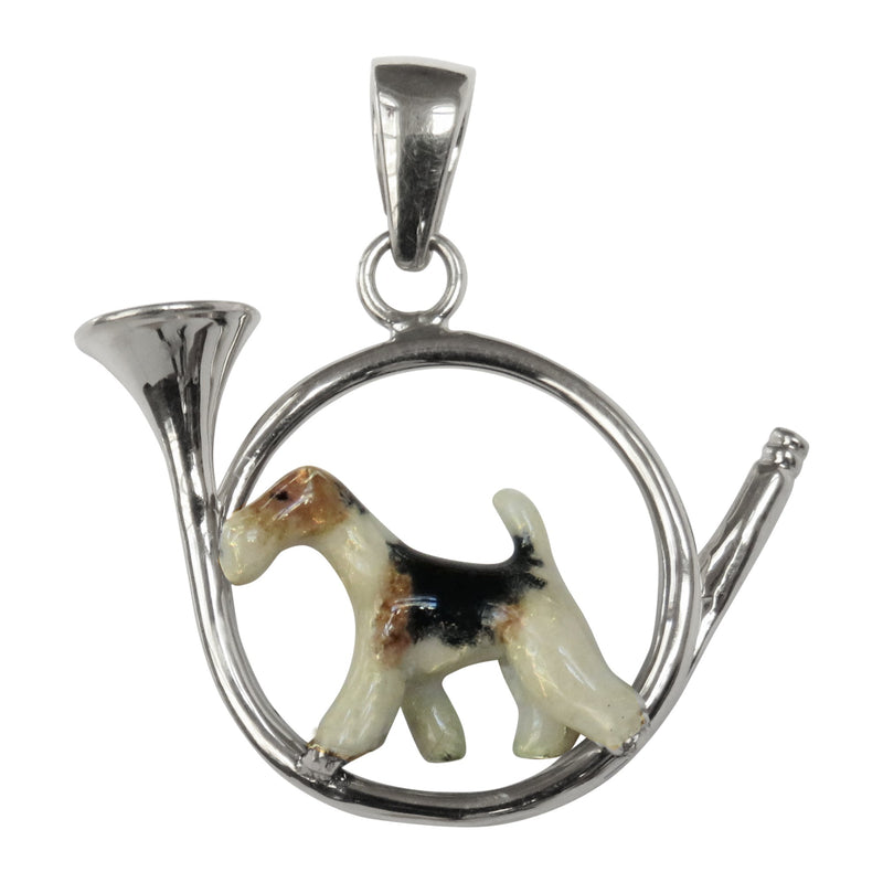Custom Enamel Wire Fox Terrier in Sterling Silver Hunting Horn Pendant