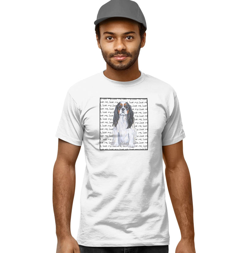 Tri-Color Cavalier King Charles Spaniel Love Text - Adult Unisex T-Shirt