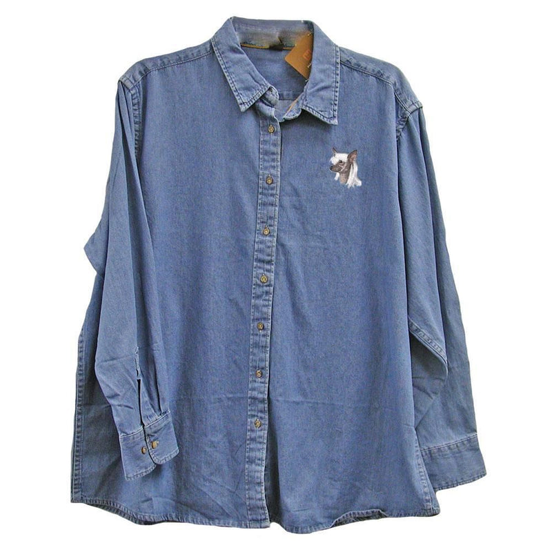 Chinese Crested Embroidered Ladies Denim Shirts