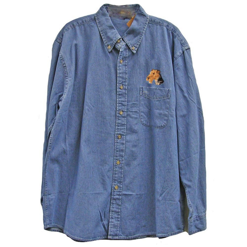 Airedale Terrier Embroidered Mens Denim Shirts