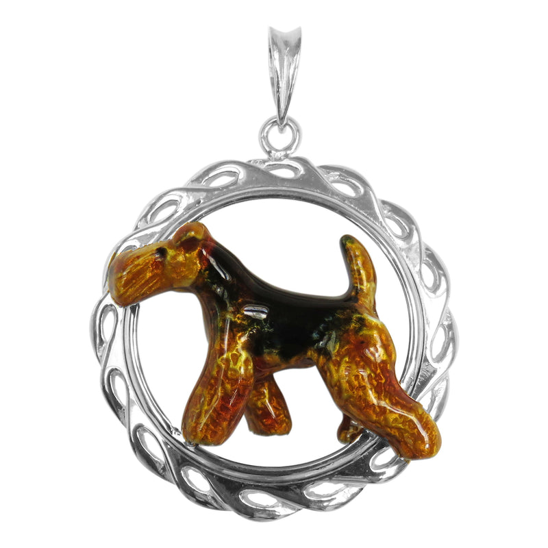 Airedale Terrier in Sterling Silver Circle Wave Pendant Custom Enamel