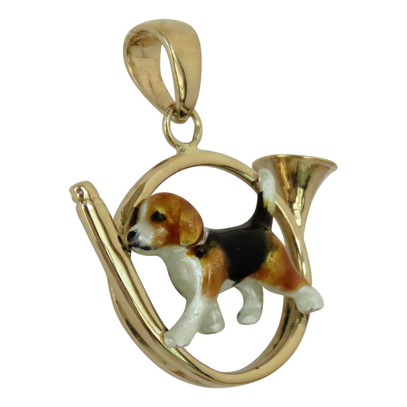 Beagle in 14K Gold Hunting Horn Pendant Custom Enamel