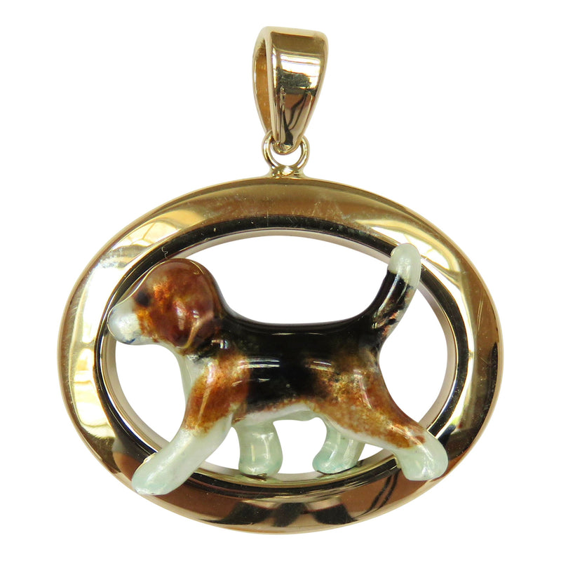 Beagle in 14K Gold Oval Frame Pendant Custom Enamel