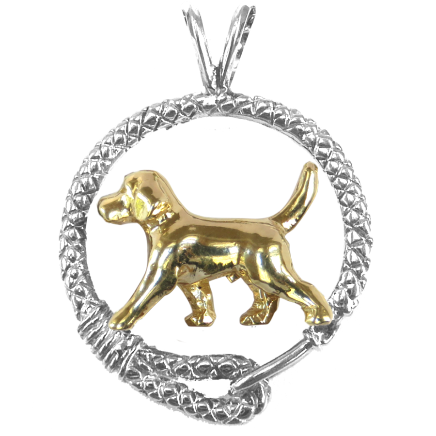 Beagle in Solid 14K Gold and Sterling Silver Leash Pendant