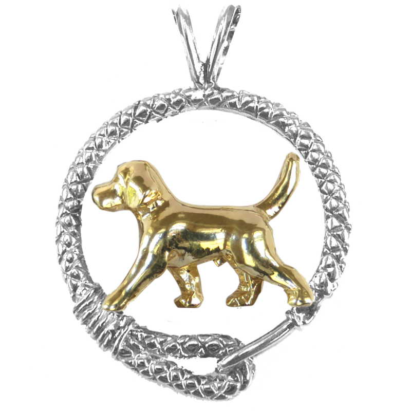 Beagle in Solid 14K Gold and Sterling Silver Leash Pendant
