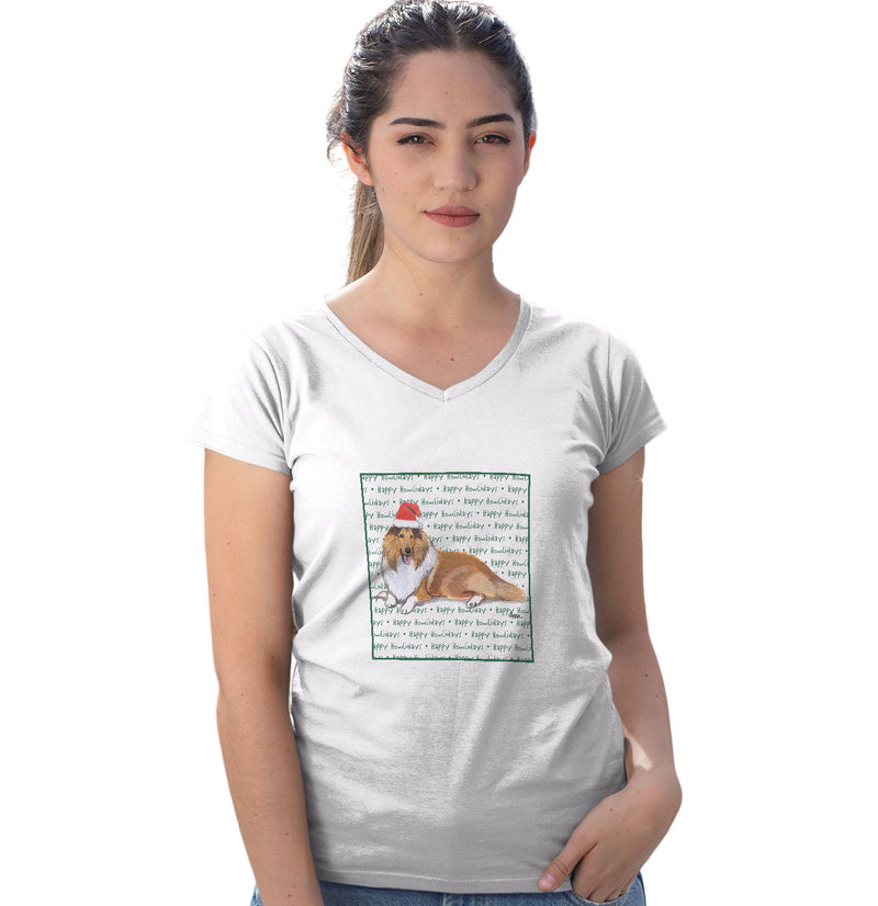 Collie Happy Howlidays Text - Women's V-Neck T-Shirt
