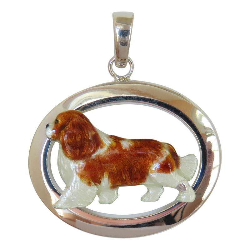 Cavalier King Charles Spaniel in Sterling Silver Medium Oval Pendant Custom Enamel