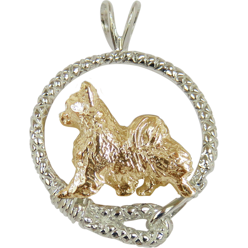 Chihuahua (Long Coat) in Solid 14K Gold and Sterling Silver Leash Pendant
