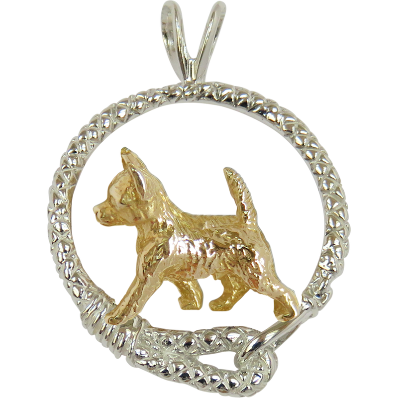 Chihuahua (Smooth Coat) in Solid 14K Gold and Sterling Silver Leash Pendant