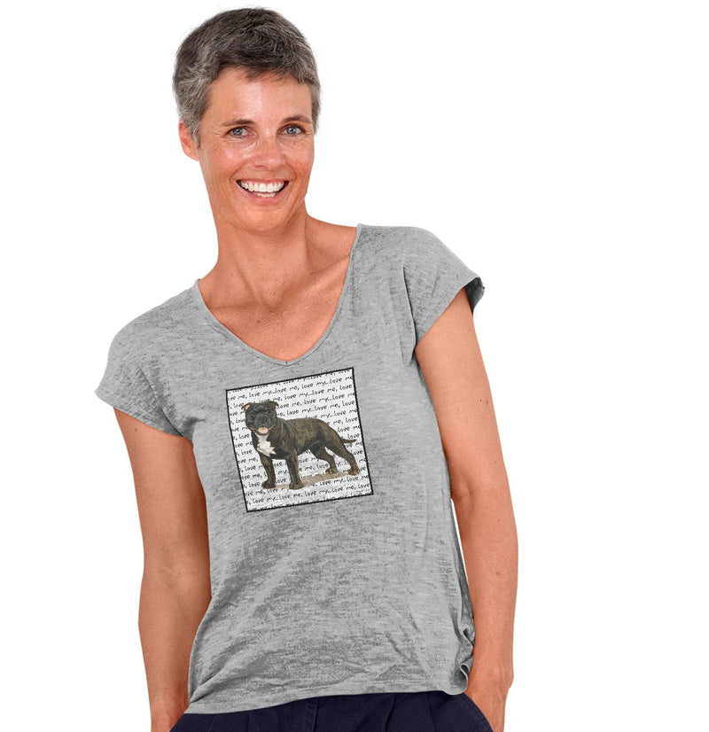 American Staffordshire Terrier- Brindle- Love Text - Women's V-Neck T-Shirt