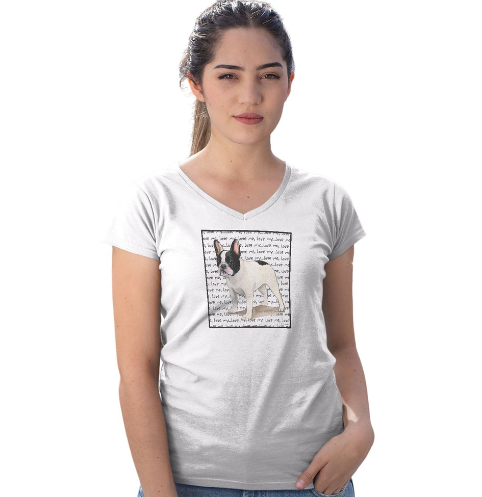 Black & White French Bulldog Love Text - Women's V-Neck T-Shirt