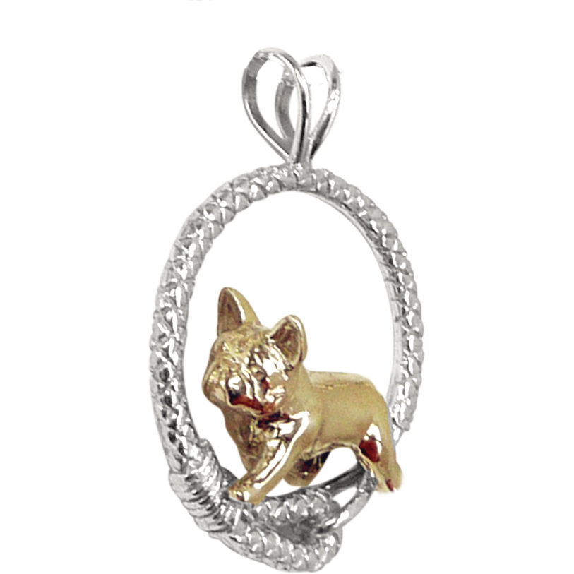 Solid 14K Gold French Bulldog in Solid 14K Gold and Sterling Silver Leash Pendant