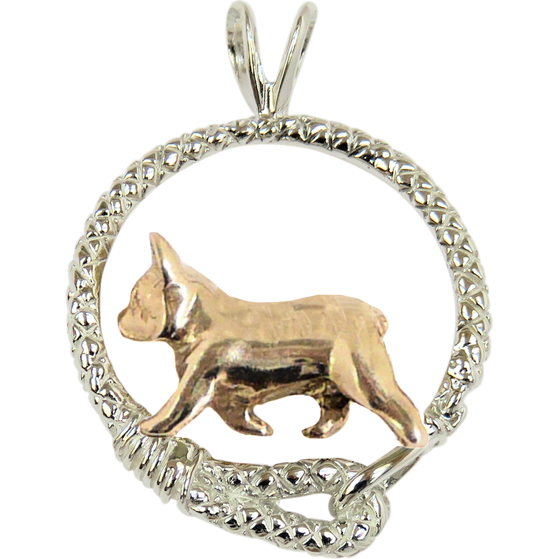 Solid 14K Gold French Bulldog in Solid 14K Gold and Sterling Silver Leash Pendant