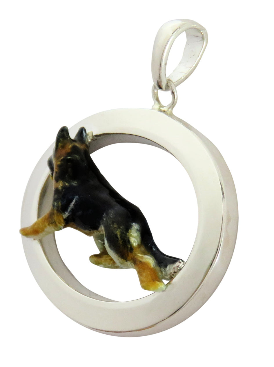 German Shepherd Dog in Sterling Silver Oval Pendant Custom Enamel