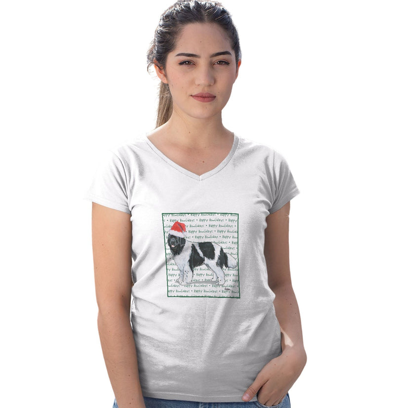 Newfoundland (Black & White) Happy Howlidays Text - Women's V-Neck T-Shirt