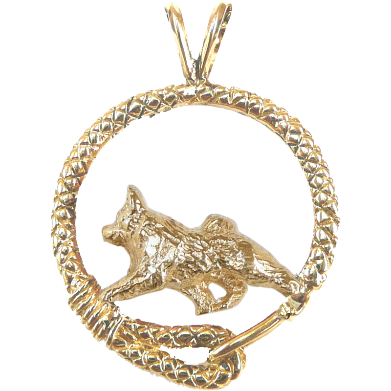 Solid 14K Gold Norwegian Elkhound Leash Pendant