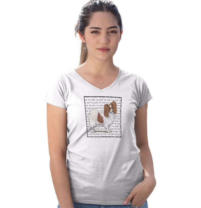Red & White Papillon Love Text - Women's V-Neck T-Shirt