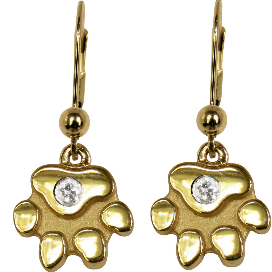 14K Gold Dog Paw Earrings with 2MM Diamond Accents