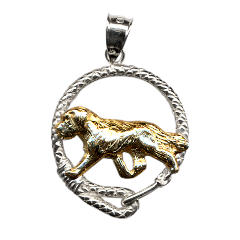 Solid 14K Gold Saint Bernard in Sterling Silver Leash Pendant