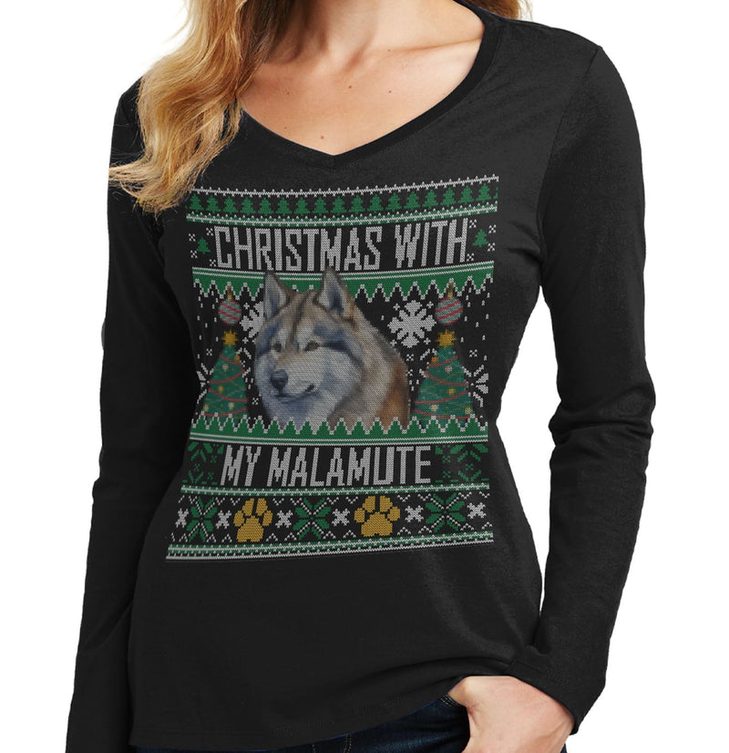 Ugly Christmas Sweater with My Alaskan Malamute - Women's V-Neck Long Sleeve T-Shirt