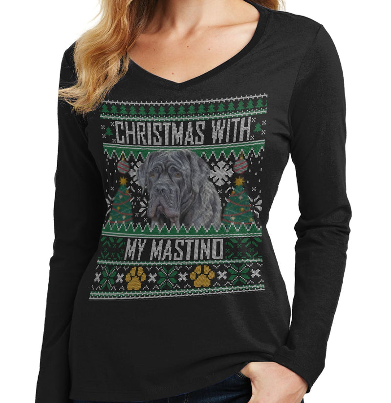 Ugly Christmas Sweater with My Neapolitan Mastiff - Women's V-Neck Long Sleeve T-Shirt
