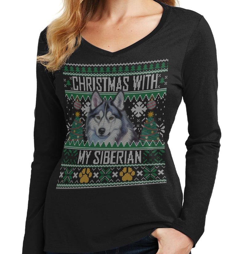 Ugly Christmas Sweater with My Siberian Husky - Women's V-Neck Long Sleeve T-Shirt
