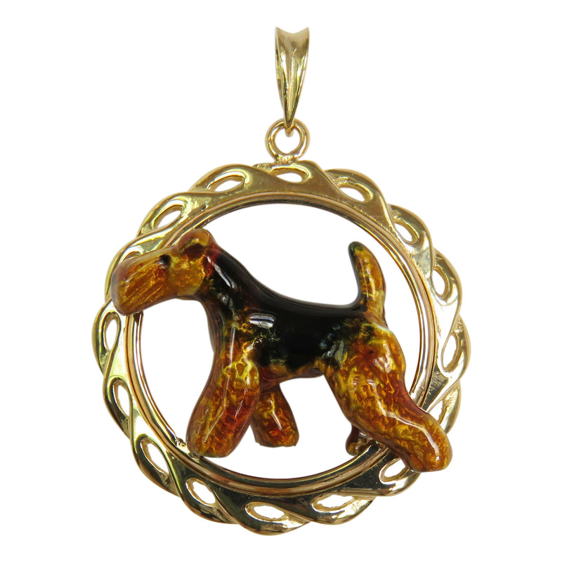 Welsh Terrier in 14K Gold Circle Wave Pendant Custom Enamel