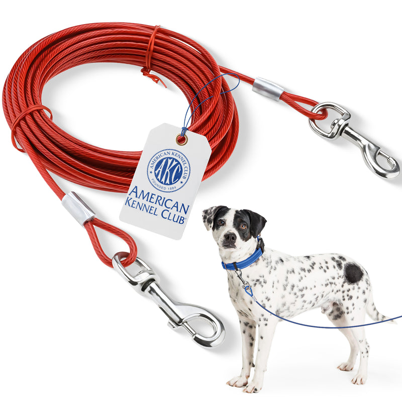 American Kennel Club Dog Tie Out Cable 20 Feet, 5mm Heavy Duty Vinyl Coated Dog Lead Up to 110 lbs, Tangle-Free Runner, Rust-Free, Quick Release Swivel Clips, 360° Rotating Clasp, Red