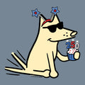 Cartoon dog with party hats and a birthday cupcake celebrating 250 years on a blue background