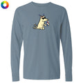 Blue long-sleeve shirt with a cartoon dog design on a white background