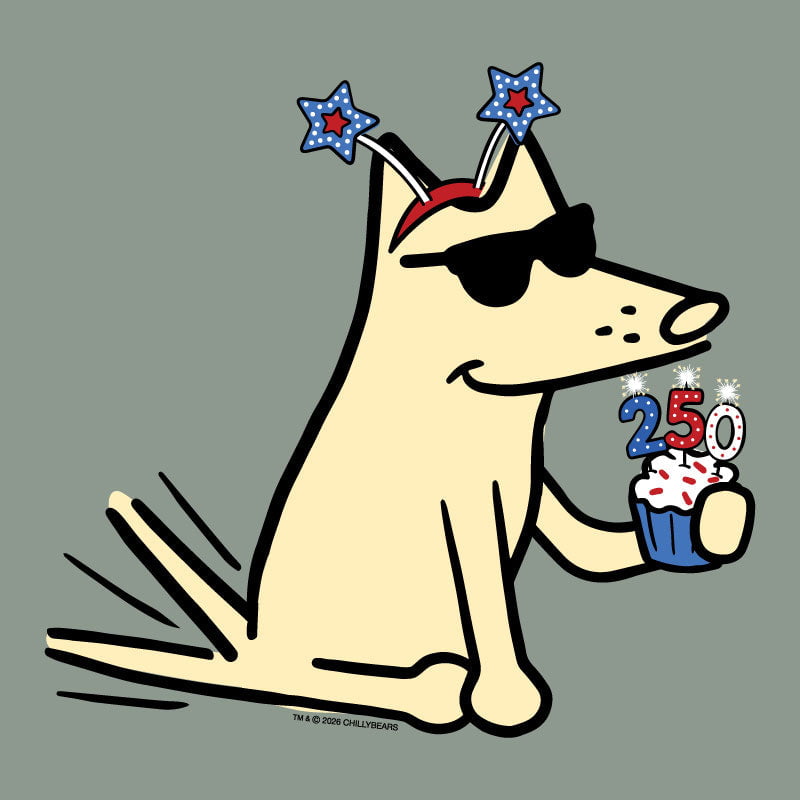Cartoon dog with sunglasses and party hats holding a cupcake with candles on a gray background