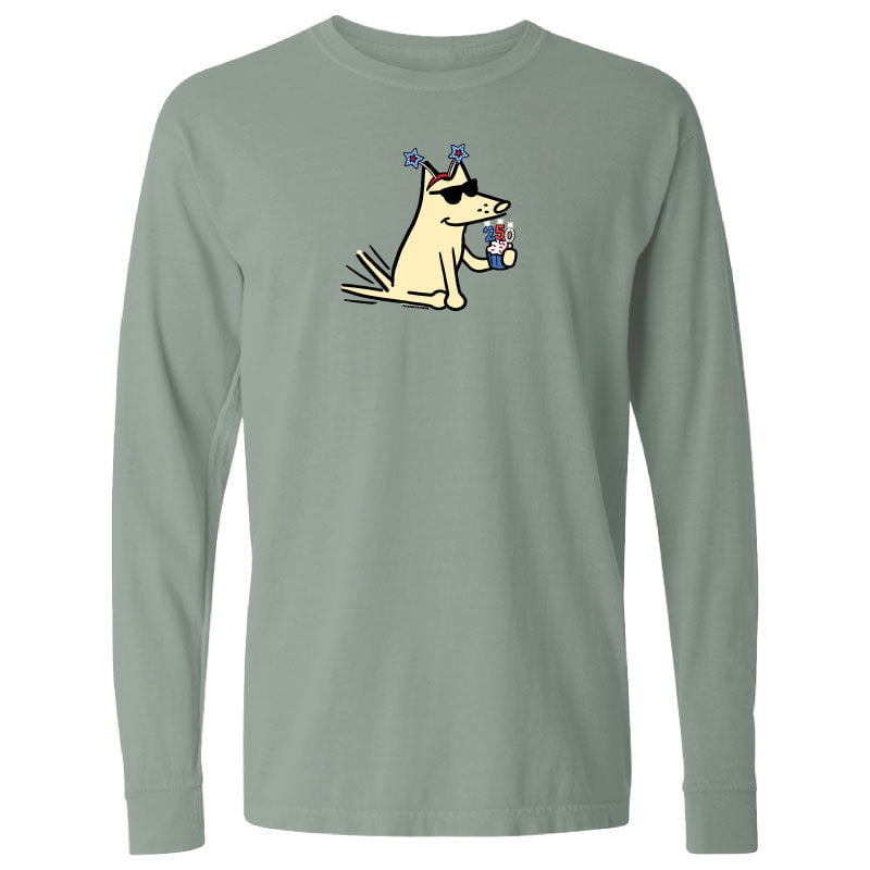 Green long-sleeve shirt with a cartoon dog design on a white background