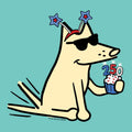 Cartoon dog with sunglasses and party hats, holding a cupcake with candles, on a teal background.