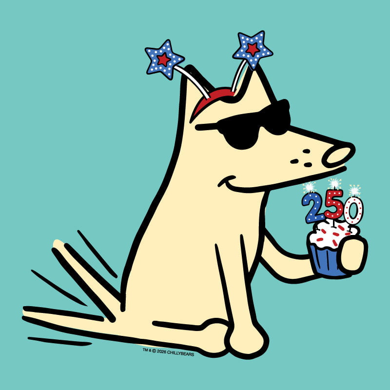 Cartoon dog with sunglasses and party hats, holding a cupcake with candles, on a teal background.