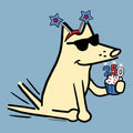 Cartoon dog with sunglasses and party hats holding a cupcake with candles on a blue background
