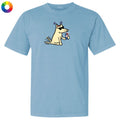 Light blue t-shirt with a cartoon dog design on a white background