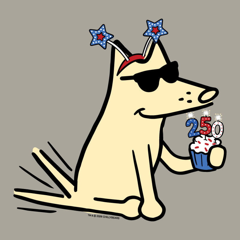 Cartoon dog with sunglasses and party hats holding a cupcake with candles on a gray background