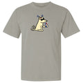 Gray t-shirt with a cartoon dog design on a white background