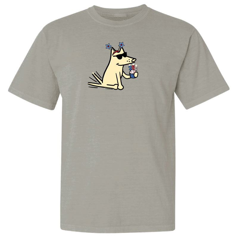 Gray t-shirt with a cartoon dog design on a white background