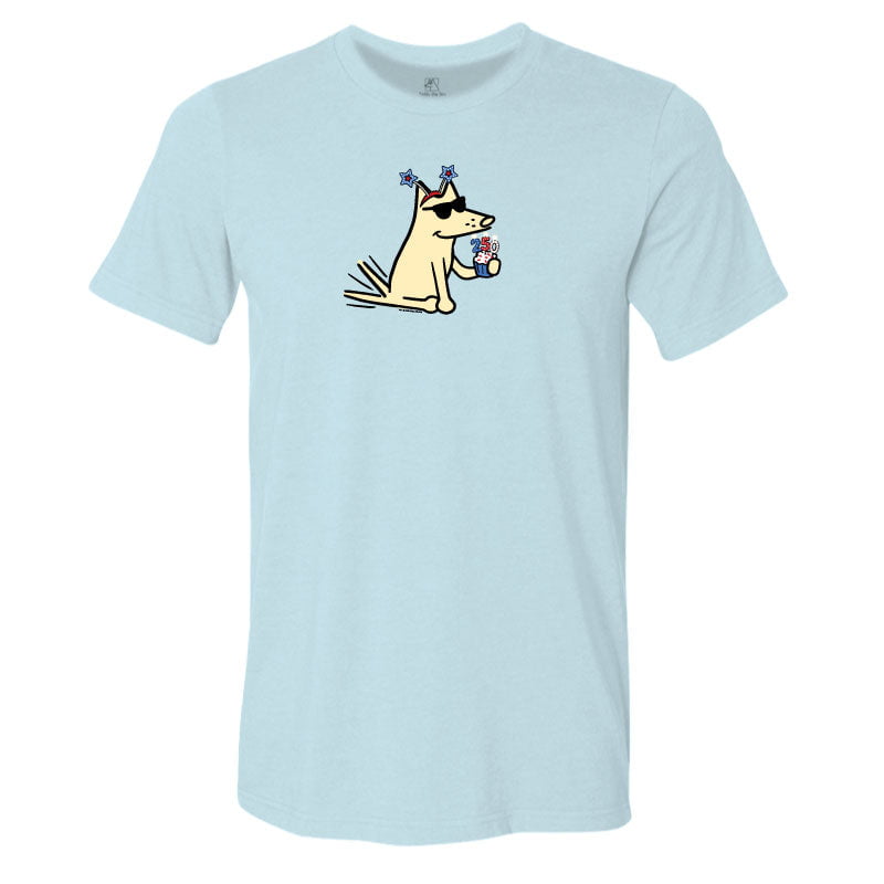 Light blue t-shirt with a cartoon dog design on a white background