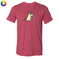 Red t-shirt with a cartoon dog design on a white background